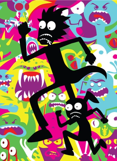 Rick et Morty dans un Chaos Coloré de Monstres