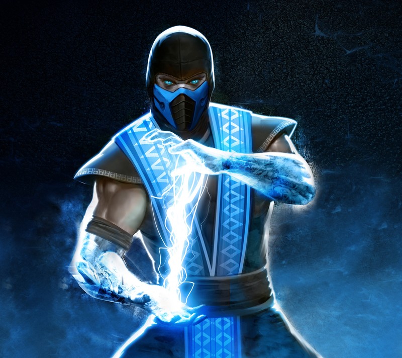 Крупный план человека в синем костюме с молнией в руках (синий, mortal kombat, sub zero, белый)