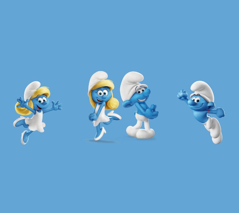 Um close de um grupo de smurfs correndo e pulando (azul, design, smurf)