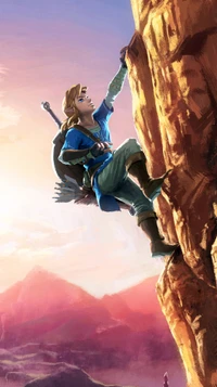 Link scaling a cliff at sunrise in "Breath of the Wild" for Nintendo Switch.