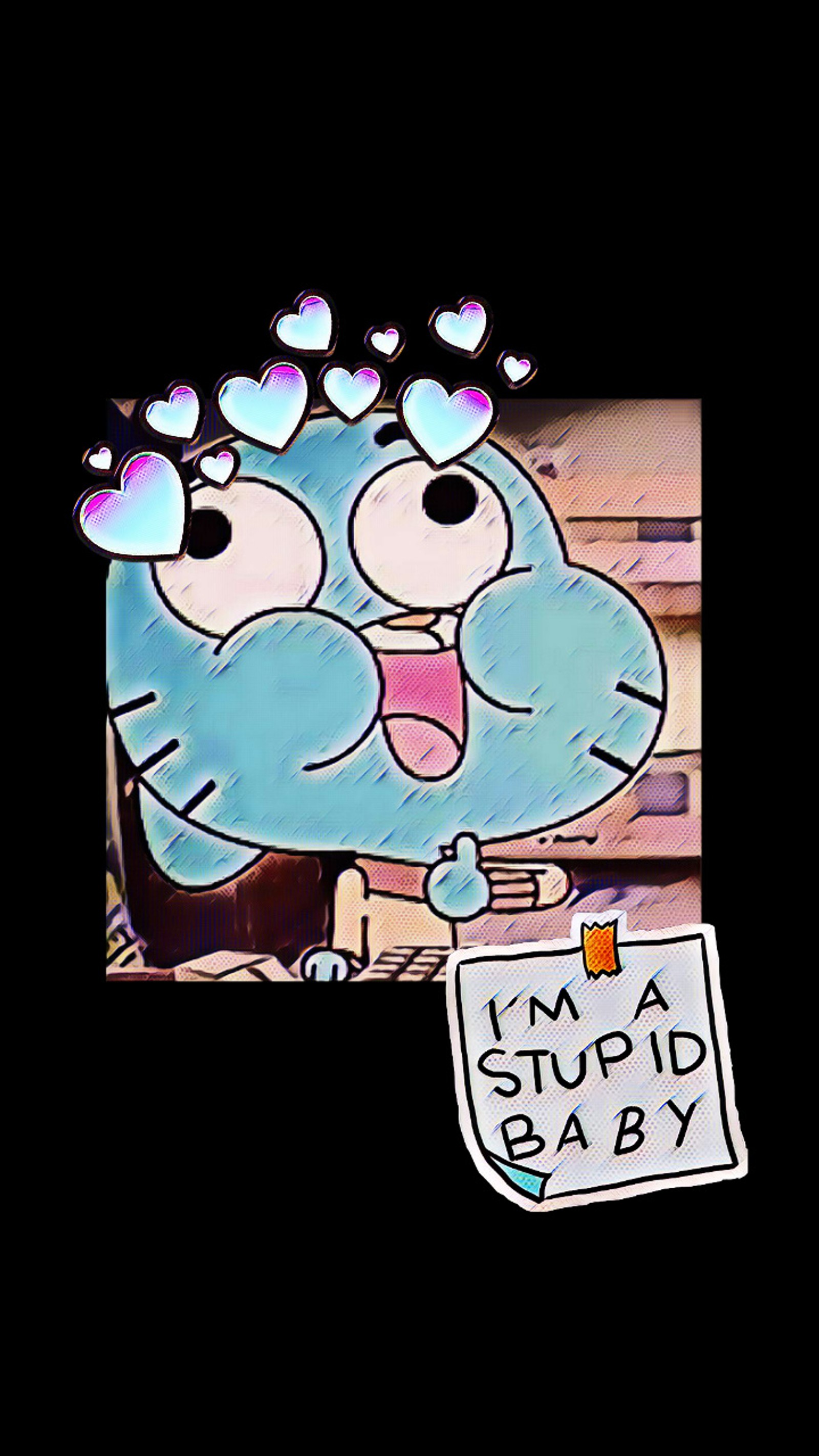 Personaje de dibujos animados sosteniendo un cartel con el mensaje "soy un niño estúpido" (gumball, watterson)