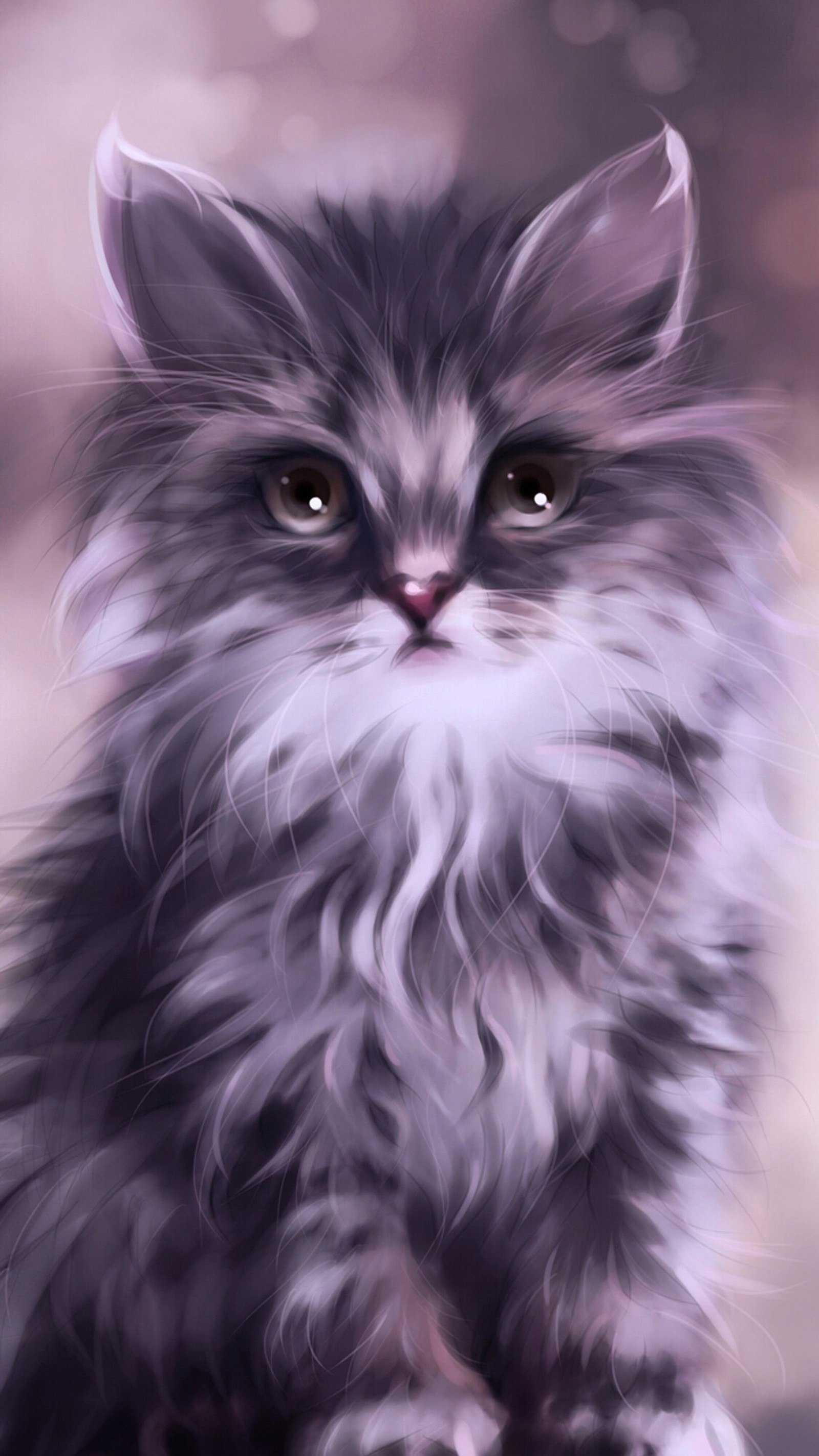 Painting of a fluffy cat with a big eyes and a long whisk (cat, kitten, painting)