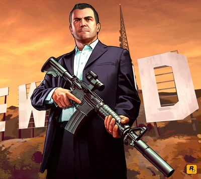 Personaje con un rifle de asalto frente al letrero de Hollywood - GTA