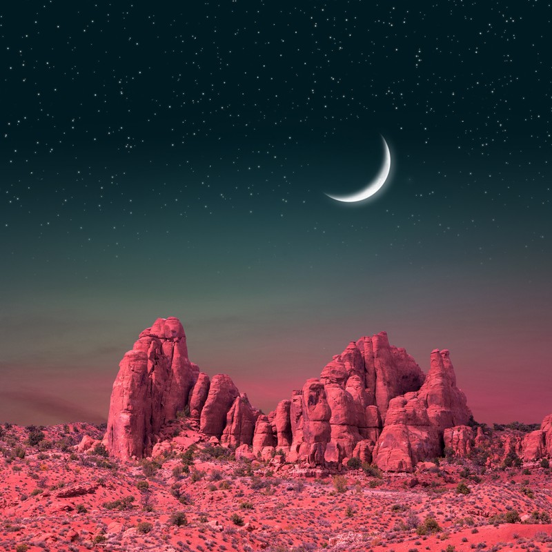 Uma visão de um deserto com rochas e uma lua crescente no céu (natureza, rosa)