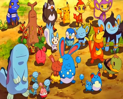 Una vibrante reunión de personajes de Pokémon celebrando juntos en un paisaje colorido.