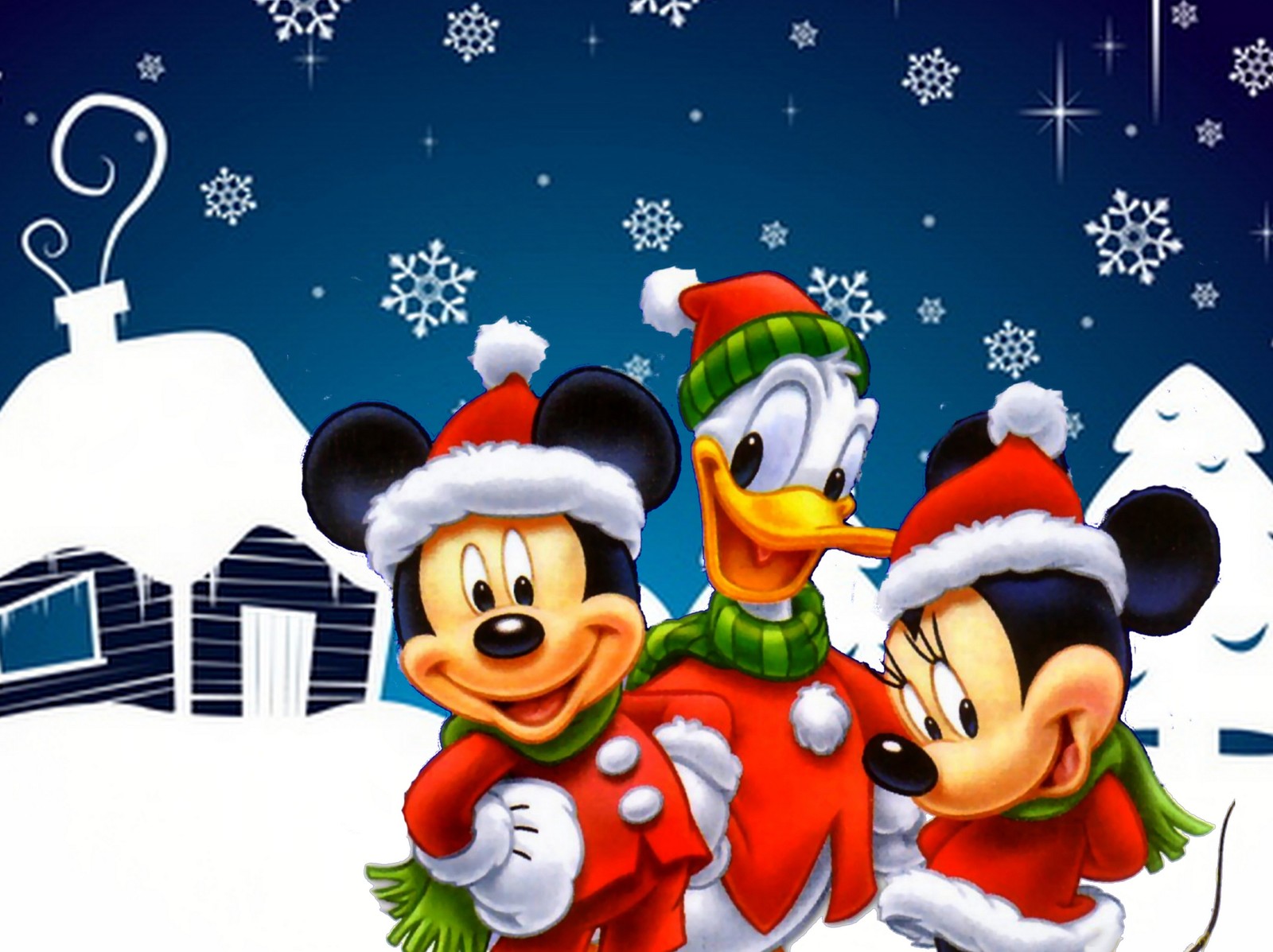 Mickey and friends in christmas attire standing in front of a snowy house (disney, friends, mickey mouse, santa, snow)