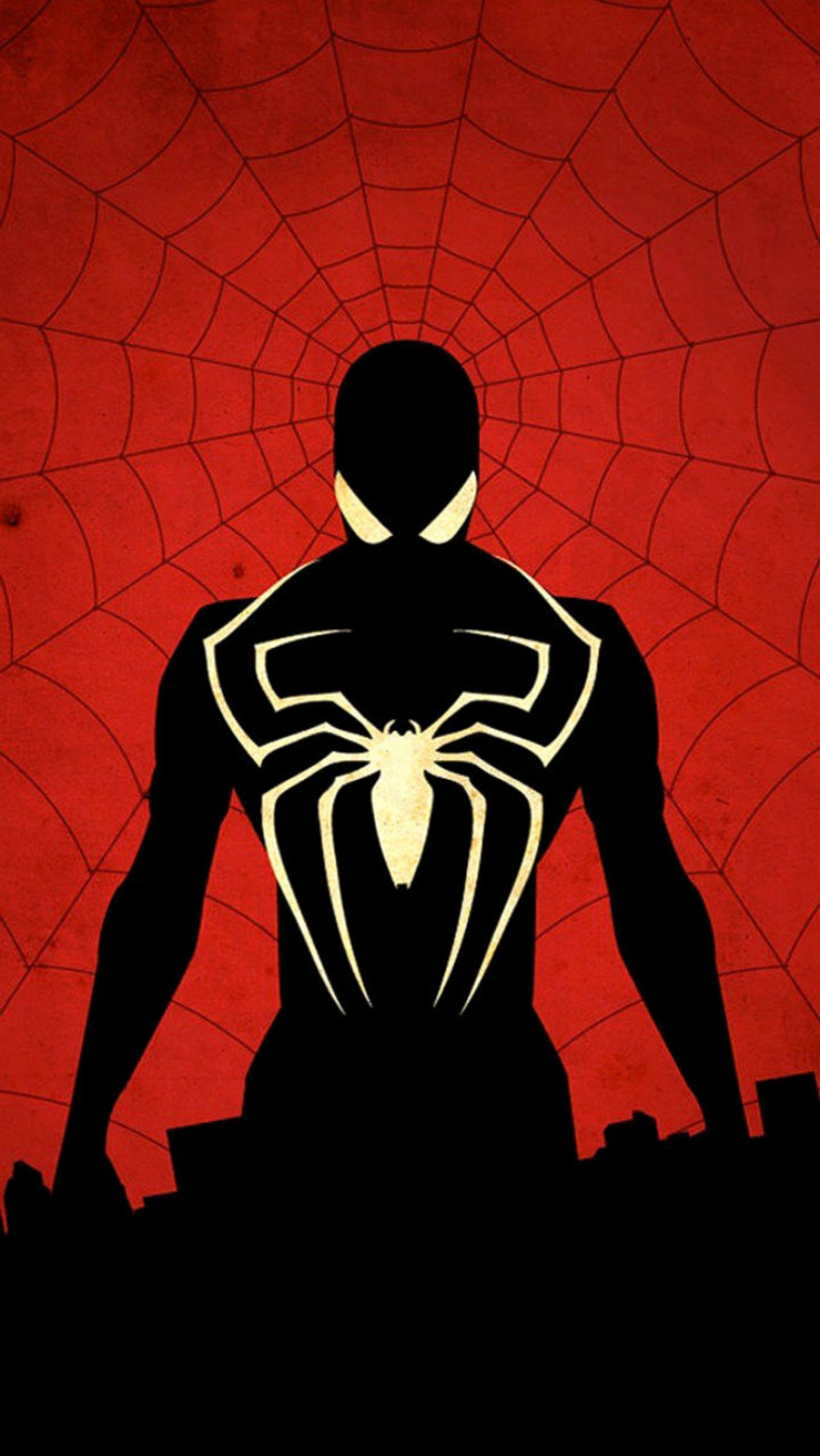 Homem-aranha silhuetado contra um fundo vermelho com uma teia de aranha (preto, quadrinho, quadrinhos, mal, bom)