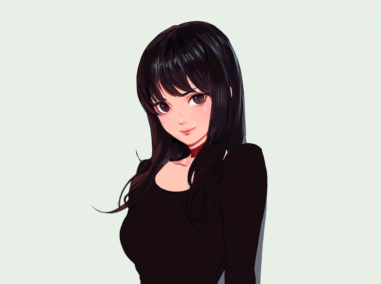 Chica de anime con cabello largo y negro y blusa negra posando (anime, niña)