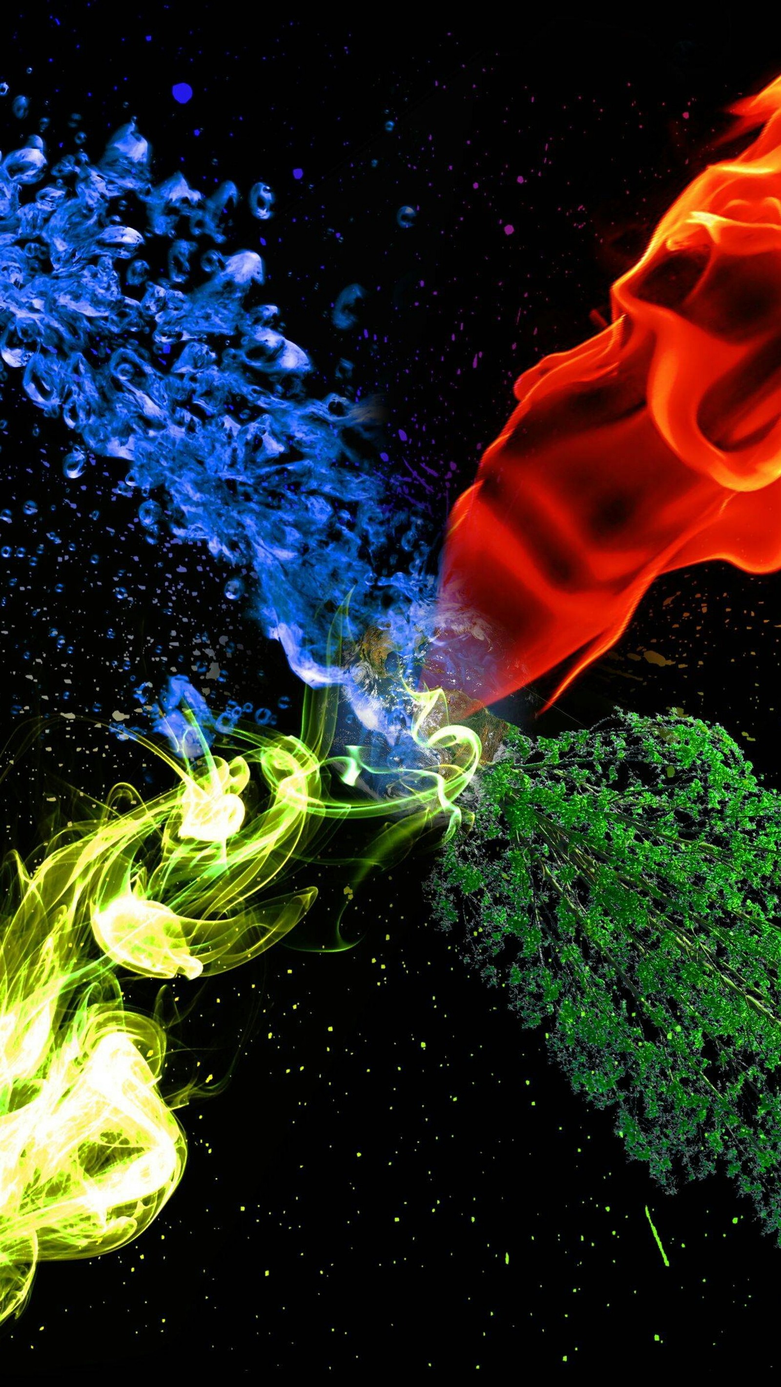 Flames and smoke are being blown by a red and green leaf (abstract, amoled, black)