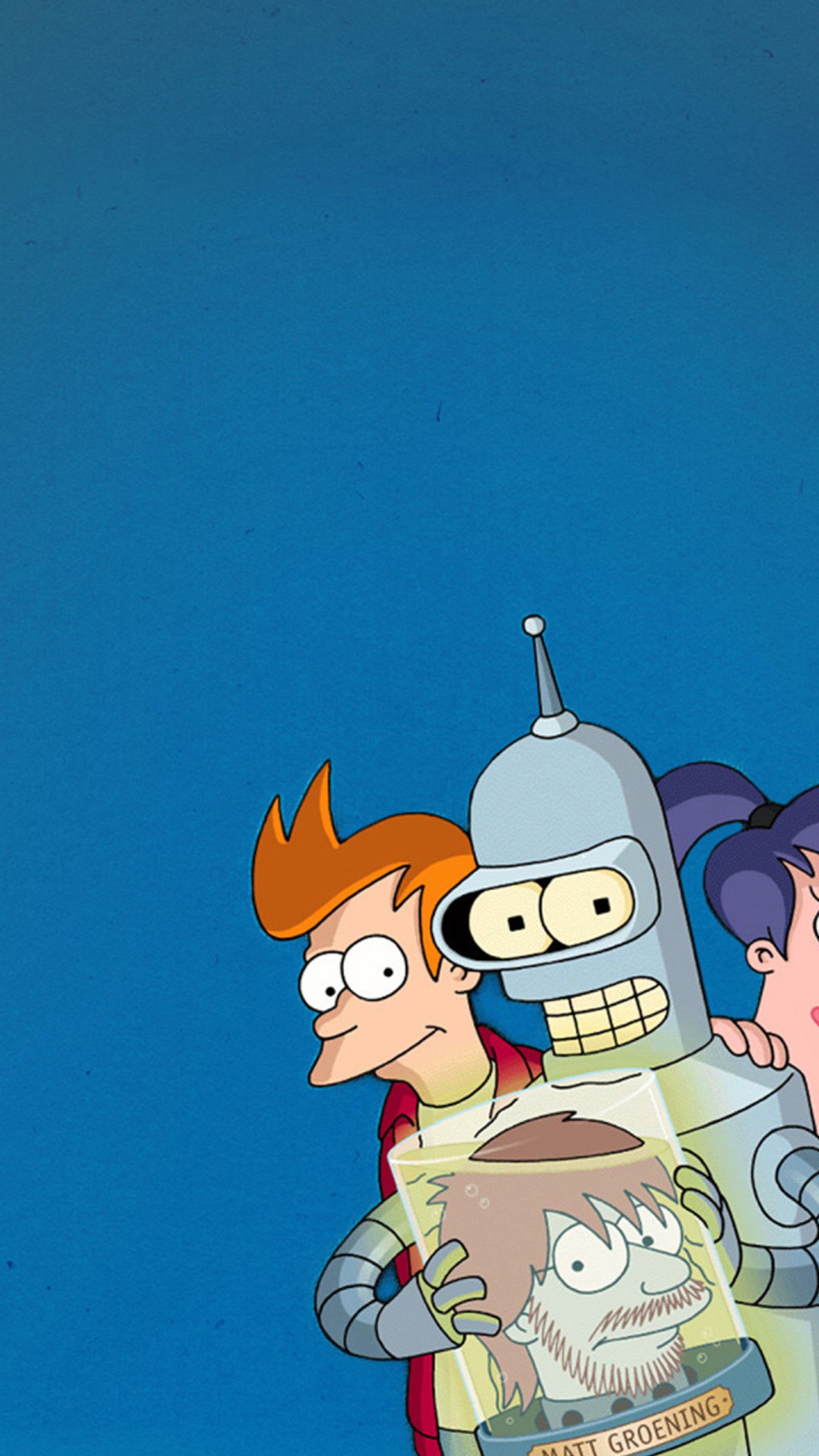 Personajes de dibujos animados de la familia simpson con un robot (bender, fry, futurama)