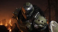 Doom Slayer em armadura pronta para batalha em uma paisagem flamejante