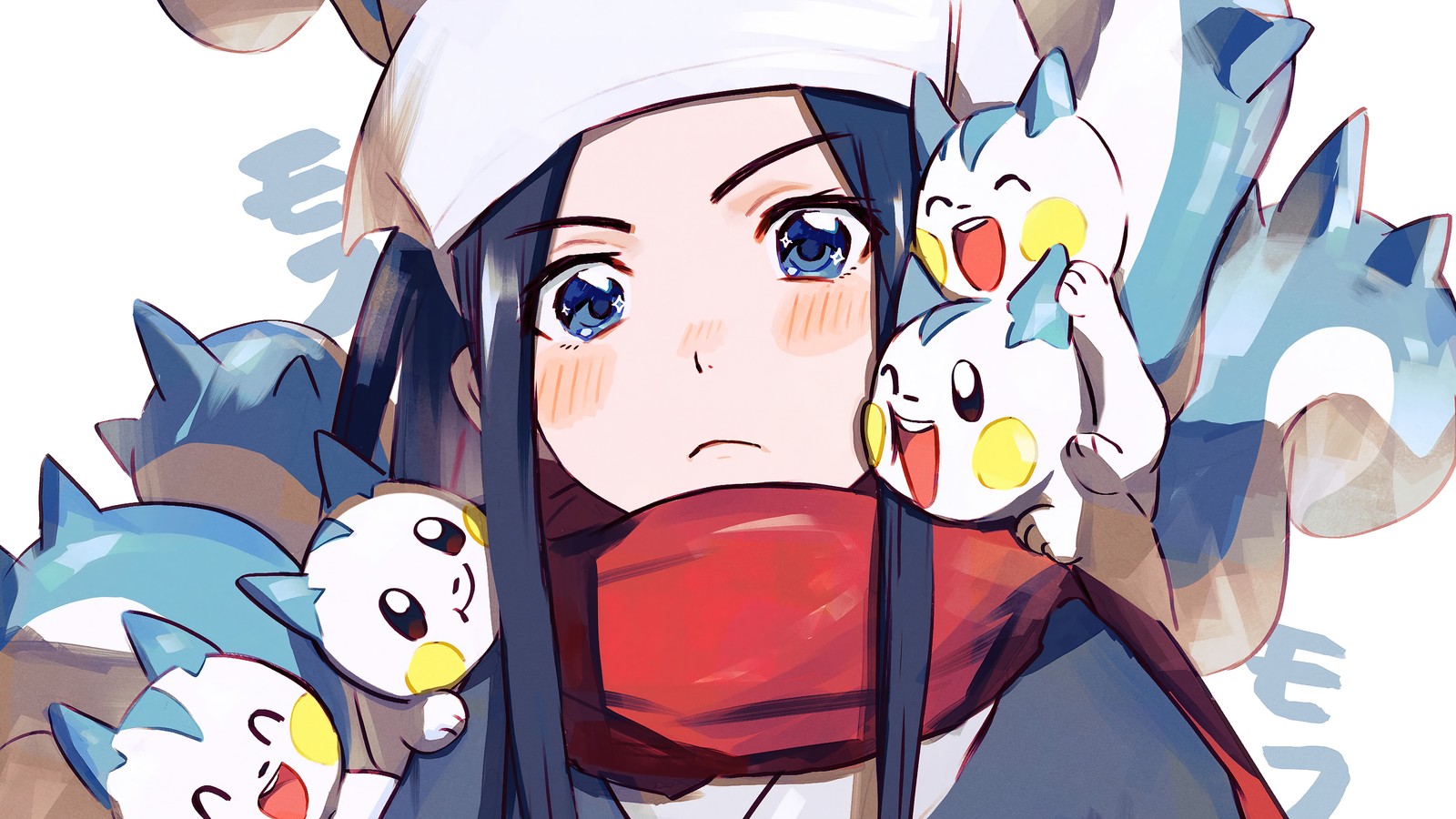 Une fille d'anime avec une multitude de pokémons sur son épaule. (pachirisu, akari, pokémon legends arceus, pokemon legends arceus, jeu vidéo)