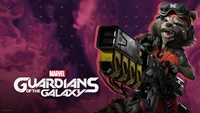 Mapache cohete empuñando un arma poderosa del videojuego Marvel's Guardians of the Galaxy.