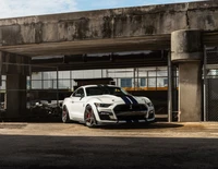 Ford Mustang Shelby GT500 em um ambiente industrial, exibindo um design elegante e uma presença poderosa.