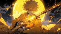 zenitsu agatsuma, sword, demon slayer kimetsu no yaiba, golden, anime wallpaper