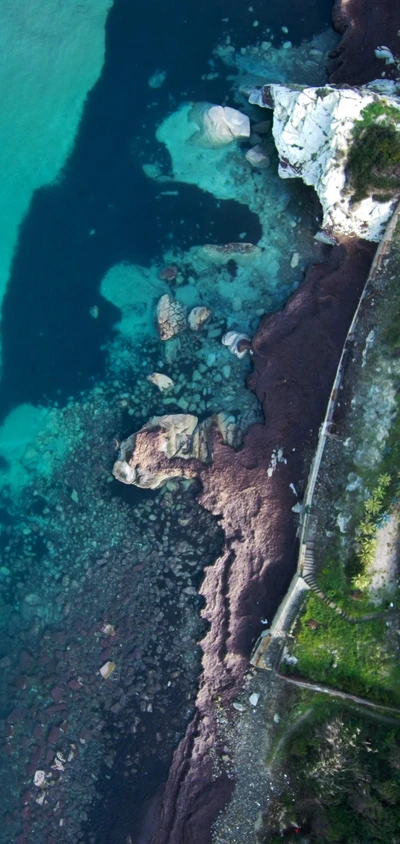 Aerial view of a coastal landscape showcasing a vibrant blend of blue waters and green vegetation along the rocky shoreline.