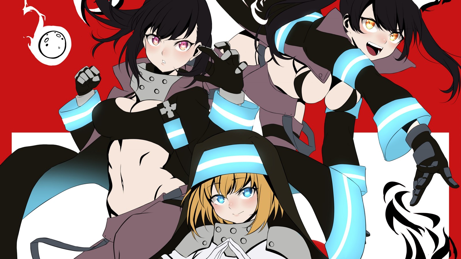 Un grupo de personajes de anime con ojos azules y cabello negro (fire force, enen no shouboutai, 炎炎ノ消防隊, anime, chicas)