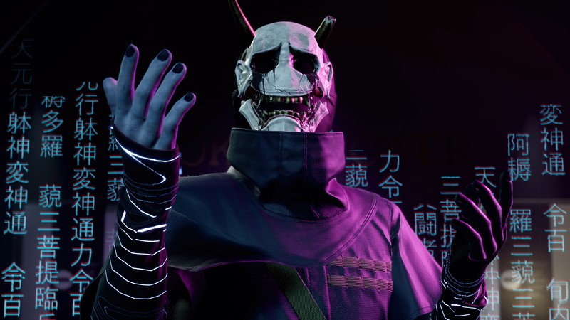 Arafed man in a purple shirt and black gloves with a skull mask (ghostwire tokyo, video game)