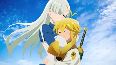 Elizabeth y Meliodas se abrazan en un cielo brillante - Los siete pecados capitales