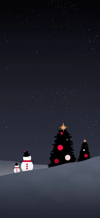 Starry Winter Night with Christmas Trees and Snowmen