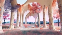 Paisagem surrealista com arco vibrante e árvores vibrantes e atmosfera de sonho