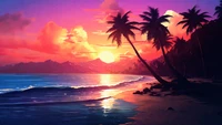 beach, wave, sunset, coast, palm tree wallpaper