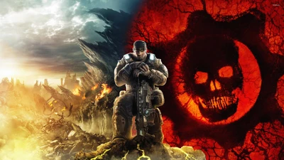 Marcus Fenix in a dramatic Gears of War 5 landscape with the iconic Gear symbol.