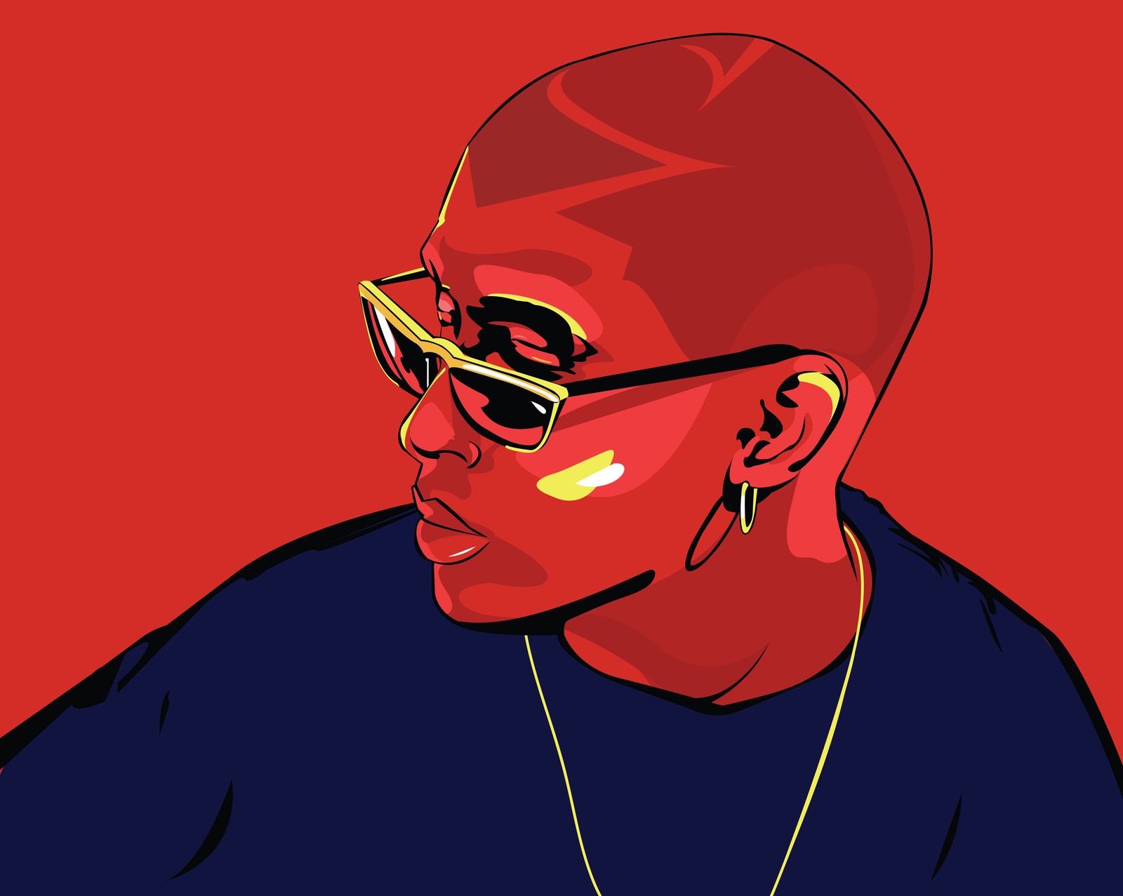 Um close de uma pessoa usando óculos escuros e um colar (bad bunny, 8k, rapper porto riquenho, 5k, fundo vermelho)