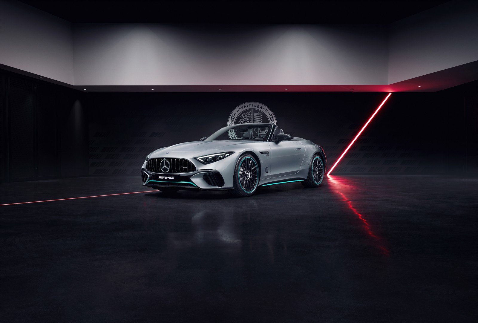 The mercedes gts coupe is shown with a laser laser (mercedes amg sl 63 4matic, collectors edition, 2023, 5k, dark background)