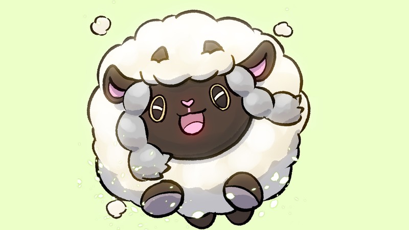 Овца сидит с высунутым языком. (вуллу, wooloo, покемон меч и щит, pokemon sword and shield, видеоигра)