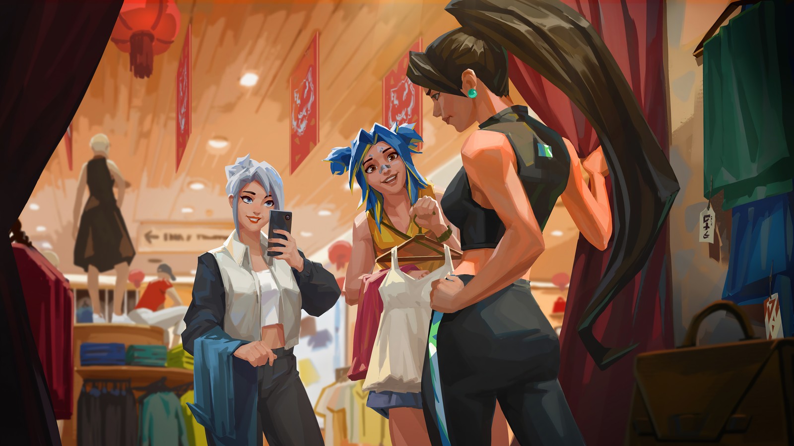 Dos mujeres en una tienda mirando un teléfono celular (valorant, videojuego, salvia, jett, neón)