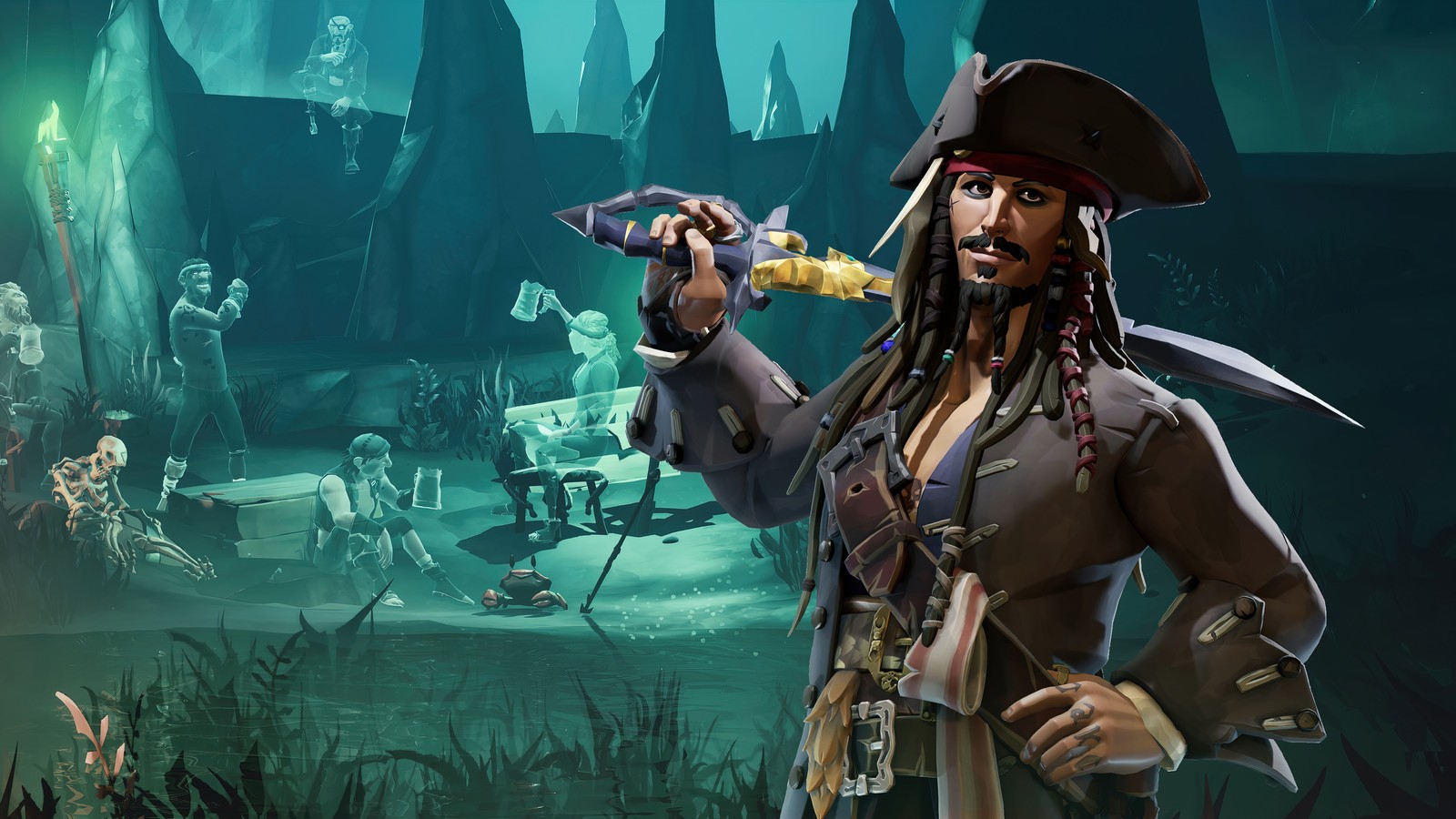 Un primer plano de un pirata sosteniendo una espada en un bosque (sea of thieves una vida de pirata, videojuego, jack sparrow)