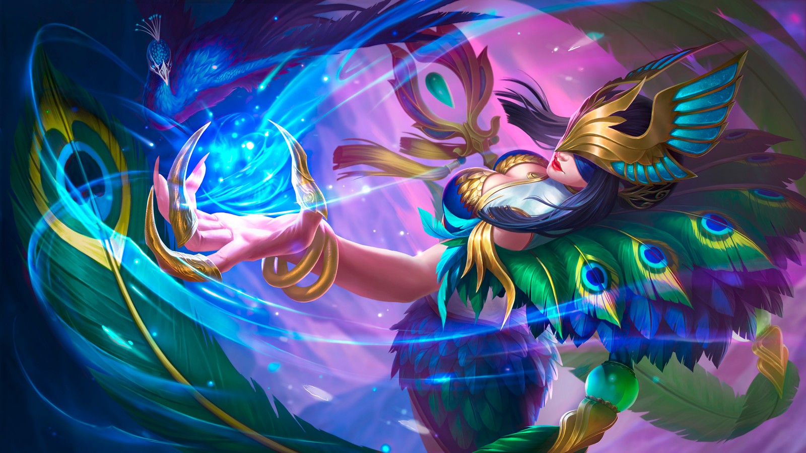 Uma mulher com um traje azul e verde segurando uma bola de cristal (pharsa, peafowls dance, mobile legends, bang bang, mlbb)