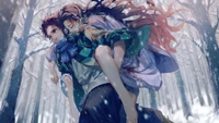 Tanjiro y Nezuko Kamado en un bosque nevado se abrazan, mostrando su vínculo en "Demon Slayer: Kimetsu no Yaiba.