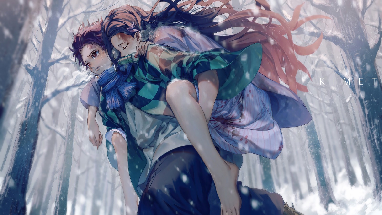 Anime, anime, couple, neige, hiver, neige, fille, garçon, garçon, garçon (tueur de démons kimetsu no yaiba, demon slayer kimetsu no yaiba, anime, 鬼滅の刃, tanjiro kamado)