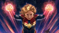 Captain Marvel entfaltet ihre kosmischen Kräfte in einem dynamischen Comic-Stil und zeigt ihren ikonischen Anzug und ihren unerschütterlichen Willen vor einem kosmischen Hintergrund.