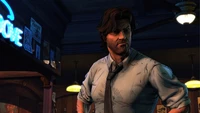 Bigby Wolf in a dimly lit bar setting from "The Wolf Among Us 2" video game.