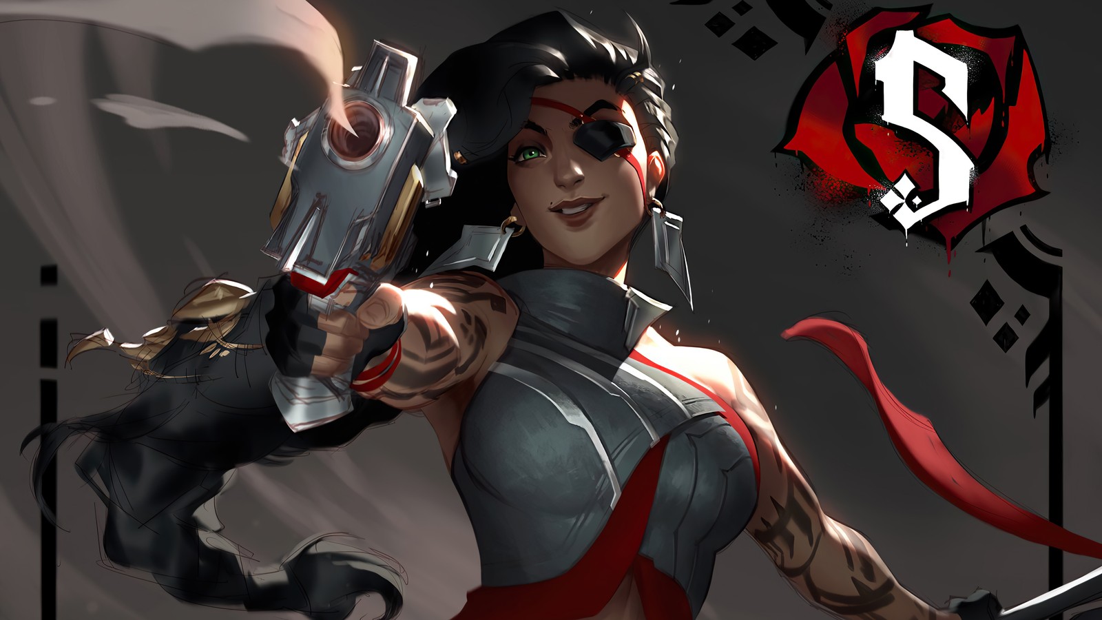 Una mujer con una pistola y una cinta roja en la mano (samira, lol, league of legends, videojuego, arte)