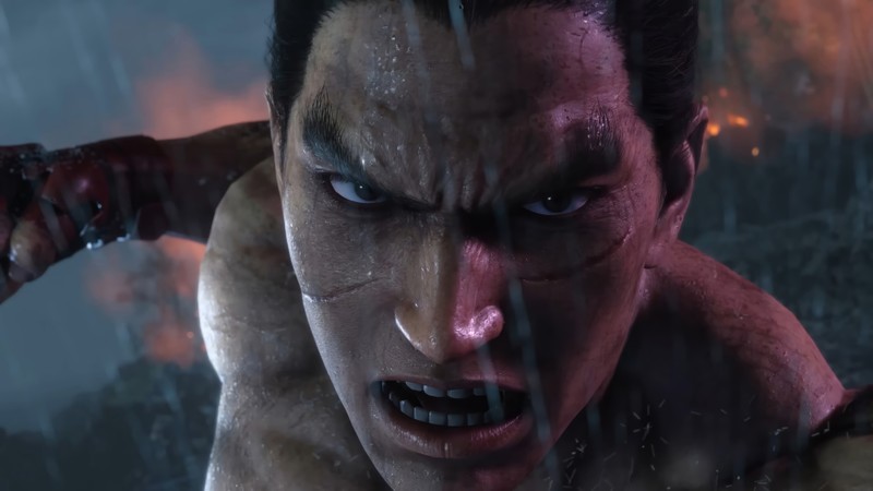 Крупный план мужчины с ножом под дождем (кадзуйя мисима, kazuya mishima, tekken 8, видеоигра)