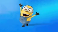 Minion joyeux célébrant sur un fond bleu vif