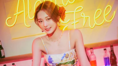 Tzuyu from TWICE radiates charm in front of a vibrant "Alcohol Free" neon sign, embodying the essence of the "Taste of Love" album.