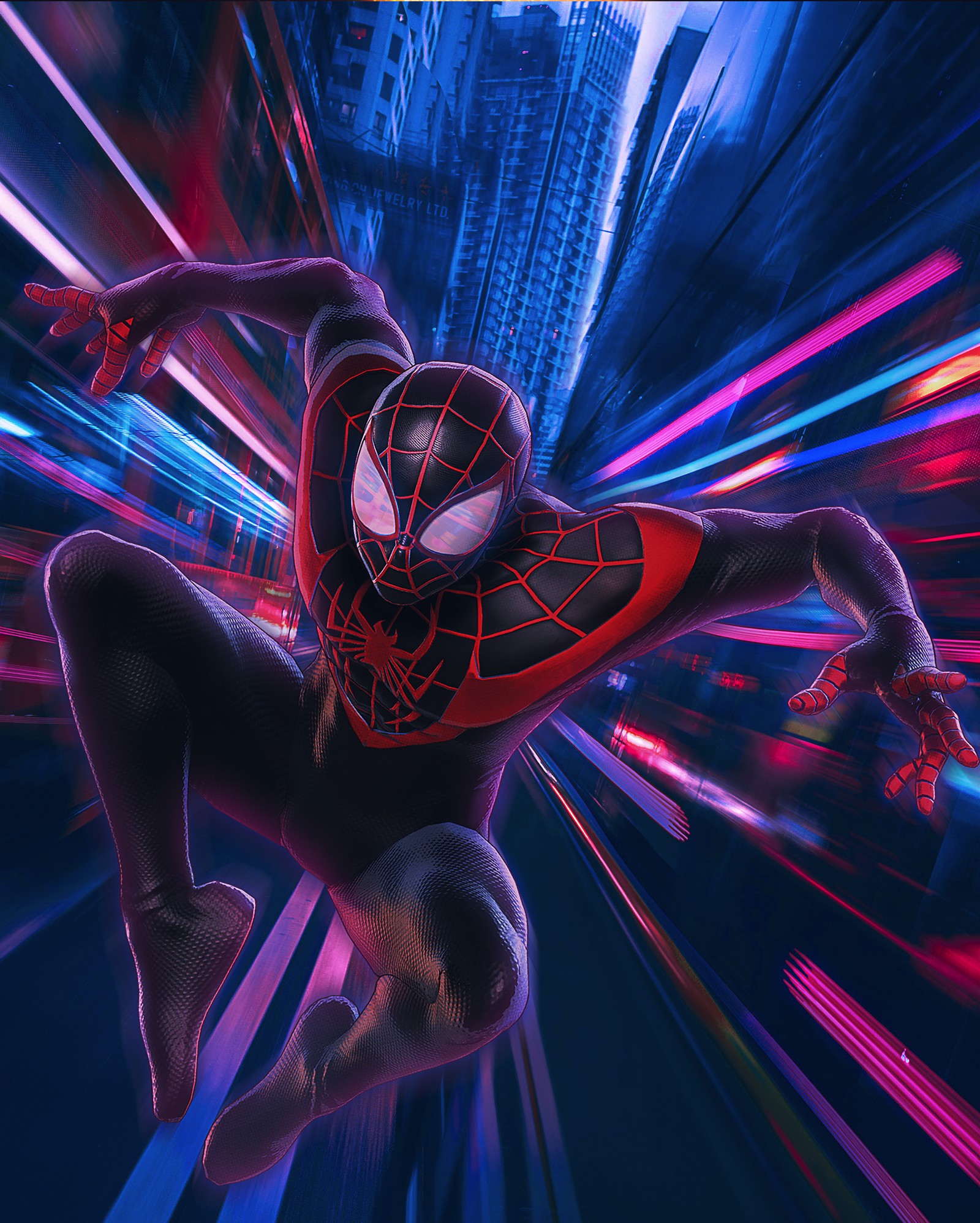 Spider-man en costume volant dans les airs (spider man, miles morales, spider man new generation, spider man into the spider verse, super héros marvel)