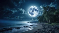 Majestic Full Moon Over Serene Beach and Ocean Waves