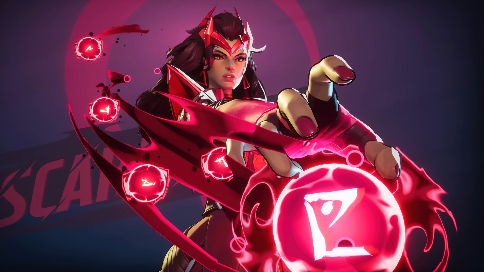 Une femme en tenue rouge tenant une balle rouge (sorcier suprême, scarlet witch, marvel rivals, jeu vidéo, marvel)