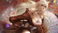 ahri, league of legends, lol, video game, kimono wallpaper