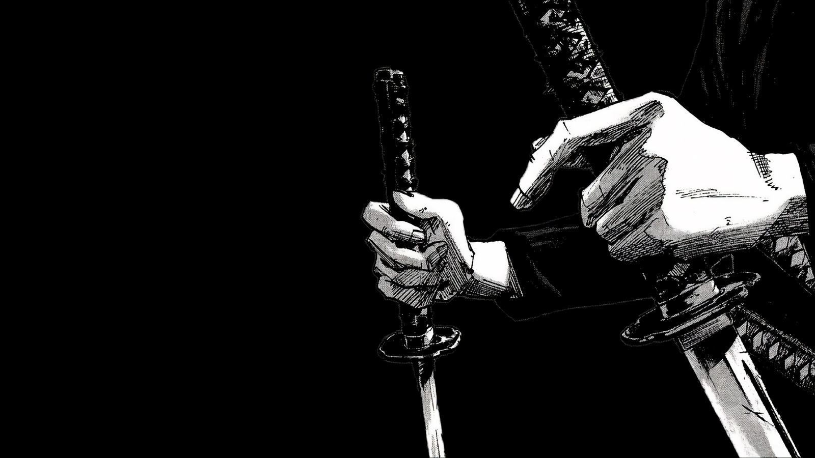 Arafed image of a man holding two swords in his hands (miyamoto musashi, katana, vagabond, black background, blackdark)