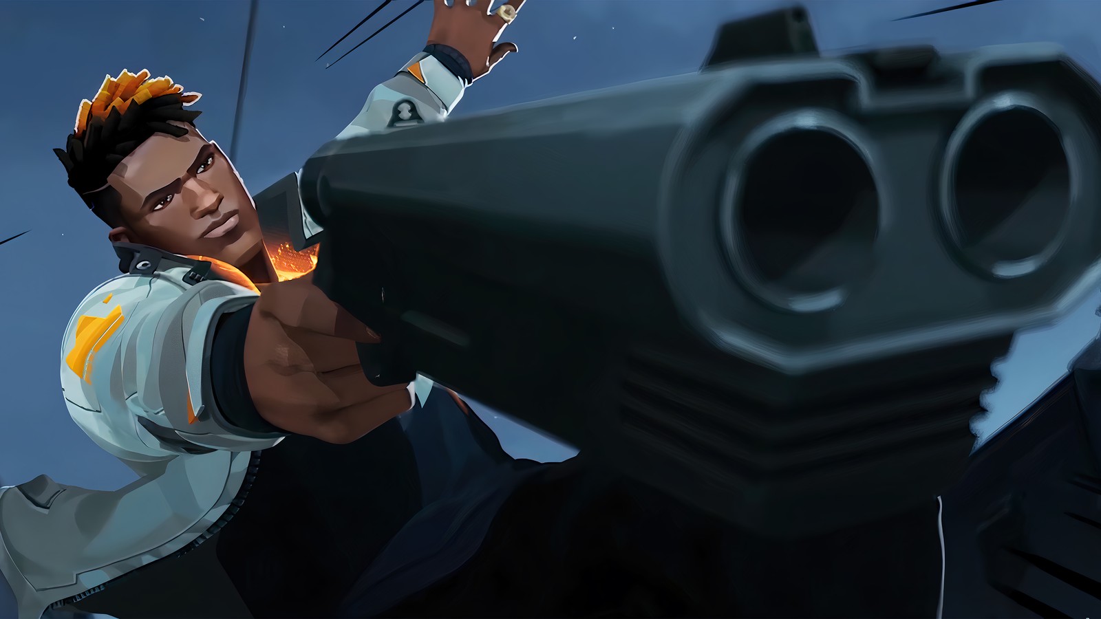 A close up of a person holding a gun in a cartoon (phoenix, valorant, video game, shotgun)