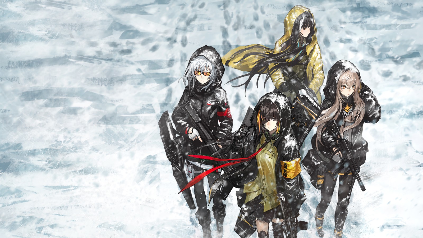 Personnages d'anime dans la neige avec un ruban rouge autour du cou (anime, girls frontline, jeu vidéo, personnages, ksg)