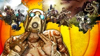 Lebendige Illustration eines fiktiven Charakters aus Borderlands 2 mit dynamischen Hintergrundelementen