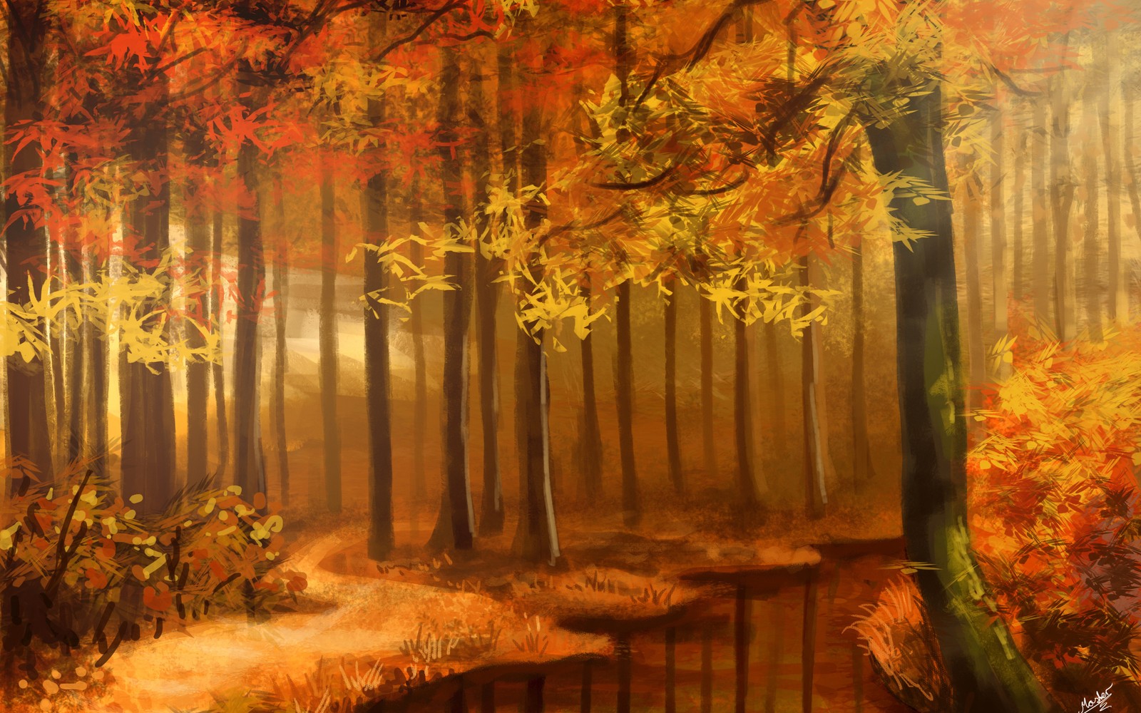 Painting of a path in a forest with a path leading through it (art, autumn, canvas, painting, drawing)